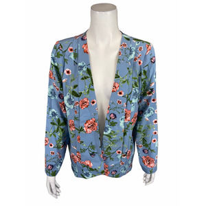 Du Jour Floral Printed Long-Sleeves Open Front Blazer Top Blue Floral Large Size
